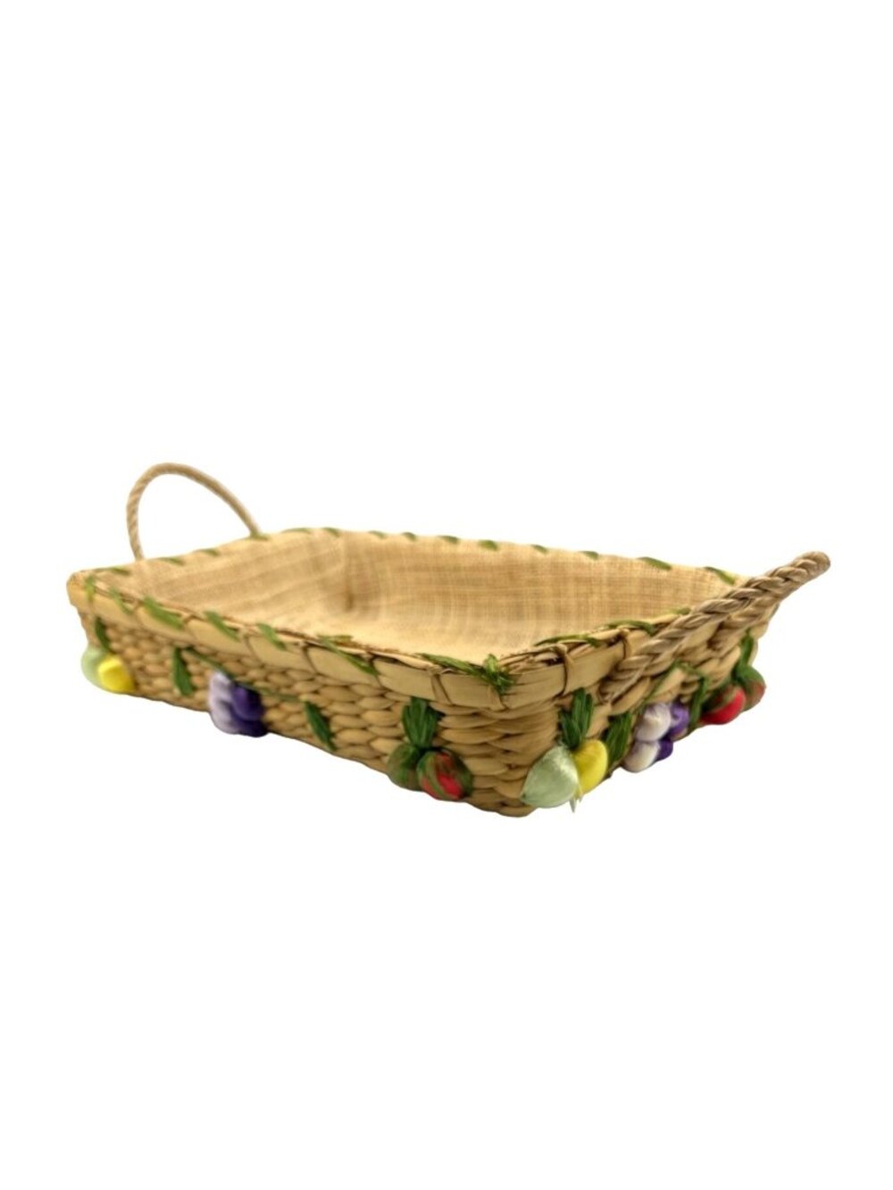 MCM Vintage Straw Woven Casserole Basket Tray with Fruit 3D Raffia 11x7